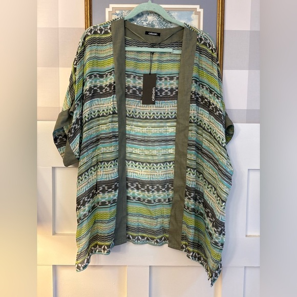 Olsen Tops - Vibrant Striped Kimono with Green Accents Size Medium